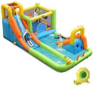 SlickBlue 8-in-1 Inflatable Water Slide Bounce House with Splash Pool and 735W Blower