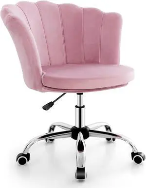 SlickBlue Adjustable Vanity Velvet Chair with Seashell Back and Wheels-Pink