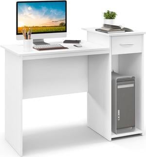 SlickBlue Computer Desk with Drawer Modern Laptop PC Desk with Adjustable Shelf and Cable Hole-White