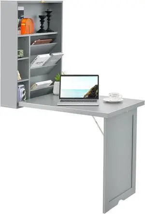 SlickBlue Wall-Mounted Fold-Out Convertible Floating Desk Space Saver-Gray
