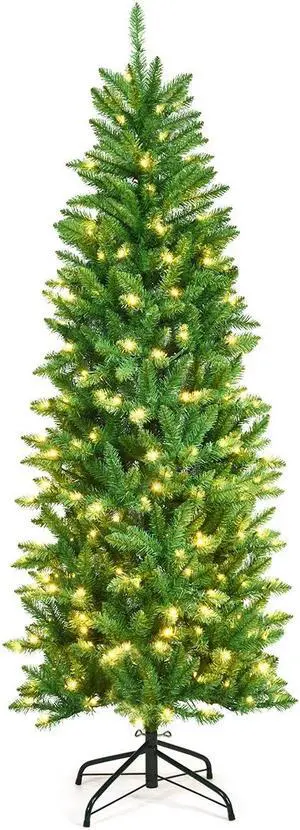 SlickBlue PVC Hinged Pre-lit Artificial Fir Pencil Christmas Tree with 150 Lights-6 ft