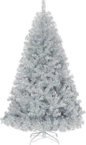 SlickBlue 6 Feet Hinged Unlit Artificial Silver Tinsel Christmas Tree with Metal Stand