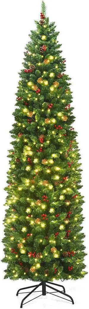 SlickBlue 7.5 Feet Pre-lit Hinged Pencil Christmas Tree with Pine Cones Red Berries