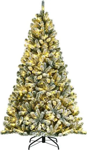 SlickBlue 6 Feet Pre-lit Snow Flocked Hinged Christmas Tree with 928 Tips and Metal Stand-6 ft