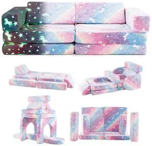 SlickBlue 10 Pieces Modular Kids Play Couch Sectional Sofa Glow in the Dark