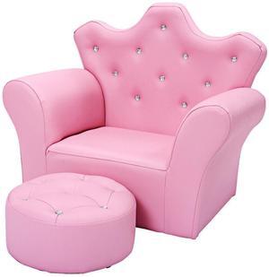 Children Upholstered Princess Sofa with Ottoman and Diamond Decoration for Boys and Girls