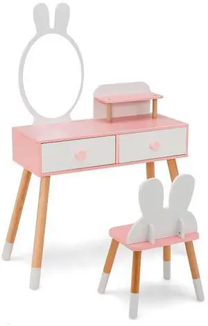 SlickBlue Kids Vanity Table and Chair Set with Drawer Shelf and Rabbit Mirror