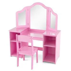 SlickBlue Kids Vanity Table and Chair Set with Removable Tri-Folding Mirror