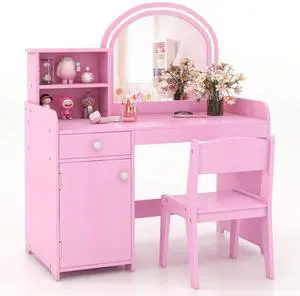 SlickBlue Kids Vanity Table and Chair Set with Shelves Drawer and Cabinet