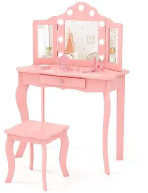 SlickBlue Kid Vanity Table Stool Set with Tri-Folding Mirror and 3-Color LED Lights