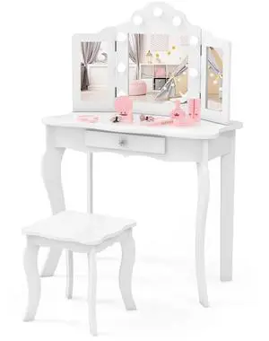 SlickBlue Kid Vanity Table Stool Set with Tri-Folding Mirror and 3-Color LED Lights