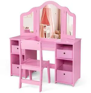SlickBlue Kids Vanity Table and Chair Set with Removable Mirrors and 4 Storage Bins