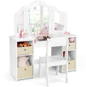 SlickBlue Kids Vanity Table and Chair Set with Removable Mirrors and 4 Storage Bins