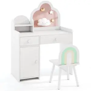 SlickBlue Kids Vanity Table and Chair Set with Cloud-shaped Mirror and Open Shelf