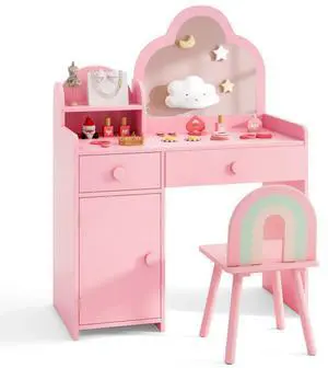 SlickBlue Kids Vanity Table and Chair Set with Cloud-shaped Mirror and Open Shelf