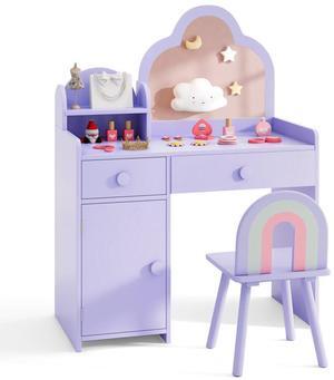 SlickBlue Kids Vanity Table and Chair Set with Cloud-shaped Mirror and Open Shelf
