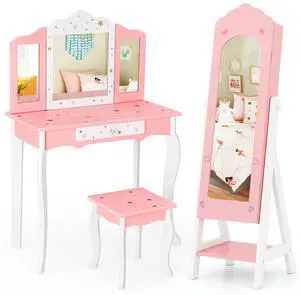 SlickBlue 2 Pieces Kids Vanity Set and Jewelry Armoire Cabinet with Full-length Mirror