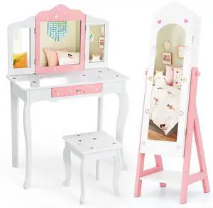 SlickBlue 2 Pieces Kids Vanity Set and Jewelry Armoire Cabinet with Full-length Mirror