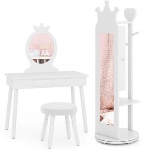 SlickBlue Kids Room Furniture Set Princess Vanity Table and Stool Set with Mirror and Drawer