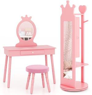 SlickBlue Kids Room Furniture Set Princess Vanity Table and Stool Set with Mirror and Drawer