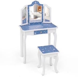 SlickBlue Princess Pretend Play Makeup Table and Stool Set with Tri-folding Mirror