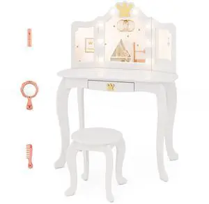 SlickBlue Kids Vanity Set with Tri-fold Lighted Mirror Detachable Top and Stool