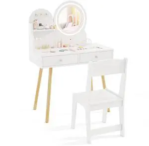 SlickBlue Kids Princess Makeup Dressing Desk and Chair Set with Mirror and Lights