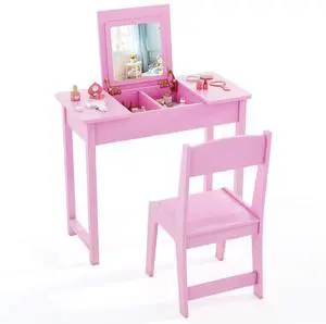 SlickBlue 2-in-1 Kids Vanity Makeup Table and Chair Set with Flip Top Mirror