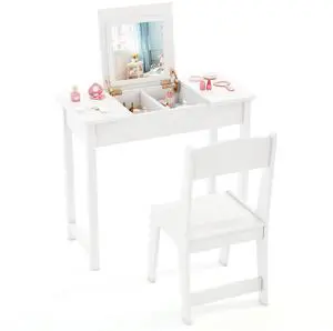 SlickBlue 2-in-1 Kids Vanity Makeup Table and Chair Set with Flip Top Mirror