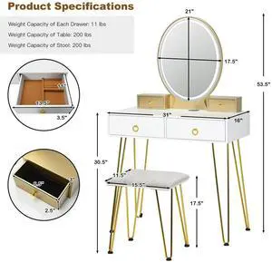 SlickBlue Vanity Table Set with 3-Color Lighted Dimmable Mirror-White