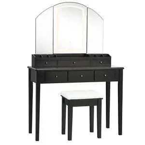 SlickBlue Vanity Table Stool Set with Large Tri-folding Lighted Mirror-Black