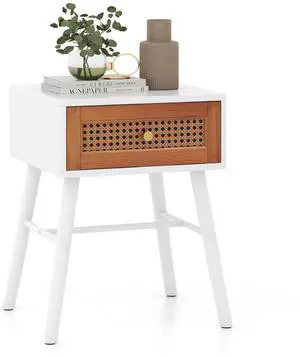 SlickBlue Rattan Nightstand Mid Century Modern Accent Table with Drawer