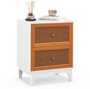 SlickBlue Boho Accent Table Nightstand with 2 Handwoven Rattan Decorated Drawers