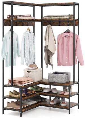SlickBlue Corner Garment Rack with Open Shelves and 7 Hooks Shoe Bench