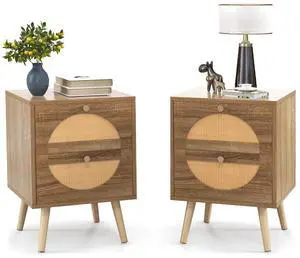 SlickBlue Set of 2 Rattan Nightstand with 2 Drawers and Solid Wood Legs