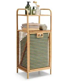 SlickBlue Tilt-out Bamboo Laundry Hamper  with 2-Tier Shelf and Removable Liner-Natural