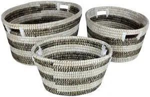 SlickBlue Natural Canes Grass Baskets Stackable Storage Bins Set of 3 with Hollowed Handles