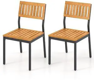 SlickBlue Patio Dining Chair Set of 2 with Metal and Acacia Wood Frame