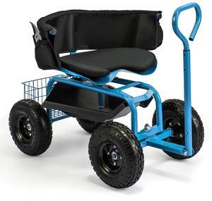 SlickBlue Cushioned Rolling Garden Cart Scooter with Storage Basket and Tool Pouch