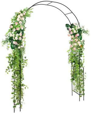 SlickBlue 7.9 Feet Metal Garden Arch Backdrop Stand with Fence for Climbing Plants-Black