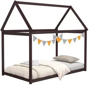 SlickBlue Stable Kids Platform Floor Bed with Roof and Heavy-Duty Slats-Espresso