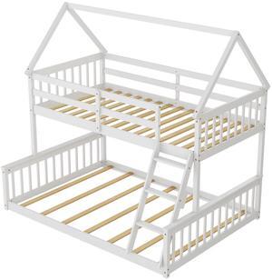 SlickBlue Twin Over Full House Bunk Bed with Ladder and Guardrails-White