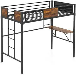 SlickBlue Twin Size Industrial Metal Loft Bed with Desk Storage Shelf and Build-in Ladder-Twin Size