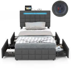SlickBlue Upholstered LED Bed Frame with Headboard and 4 Drawers-Twin Size