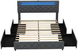 SlickBlue Bed Frame with Adjustable Storage Headboard and Wooden Slat Support-Queen Size