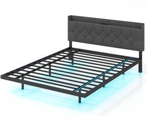 SlickBlue Floating Bed Frame with LED and Headboard and Charging Station-Queen Size
