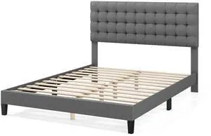 SlickBlue Queen Size Upholstered Platform Bed with Square Stitched Headboard