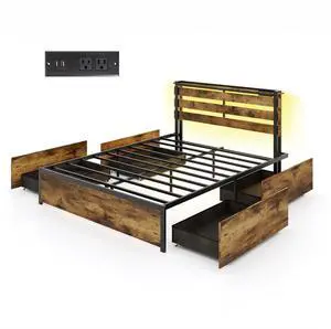SlickBlue Bed Frame with Drawers LED Lights and USB Ports-Queen Size