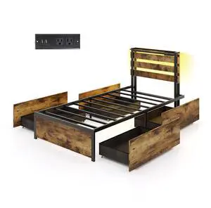 SlickBlue Bed Frame with Drawers LED Lights and USB Ports-Twin Size