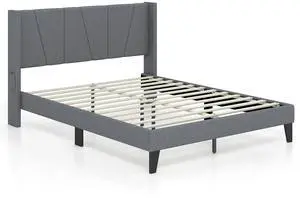 SlickBlue Bed Frame with Wingback Headboard and Wood Slat Support-Queen Size